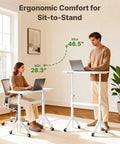 Top Shelf Rolling Sit Stand Desk With Six Height Settings And Secure Lockable Casters Crafted For Taller Buyers To Hit The Posture Sweet Spot And Keep Your Home Office Crisp Daily, shown in use at different heights.