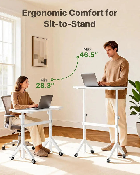 Top Shelf Rolling Sit Stand Desk With Six Height Settings And Secure Lockable Casters Crafted For Taller Buyers To Hit The Posture Sweet Spot And Keep Your Home Office Crisp Daily, shown in use at different heights.