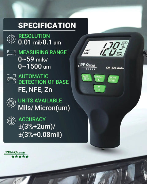 Car Paint Thickness Gauge With 0.1 Micron Resolution, Ready To Use Digital Coating Meter For Auto Inspections, Detects Fe, Al And Zn, Factory Calibrated, Fast Accurate Readings, Large Backlit LCD Display, Ideal For Bodywork Checks on black handheld meter