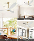 52 Inch Indoor Ceiling Fan With Remote Control, Noiseless DC Motor installed in patio, bedroom, and living room settings