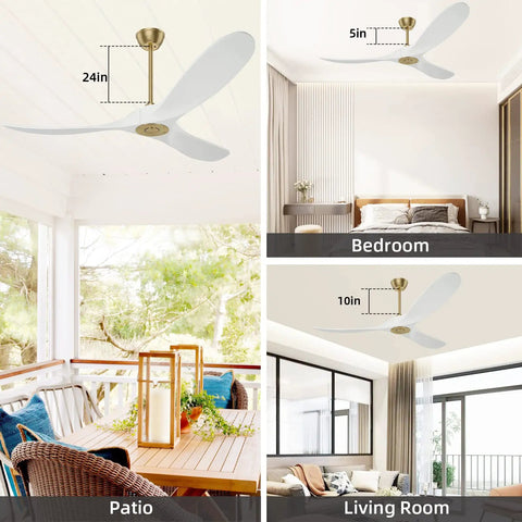 52 Inch Indoor Ceiling Fan With Remote Control, Noiseless DC Motor installed in patio, bedroom, and living room settings