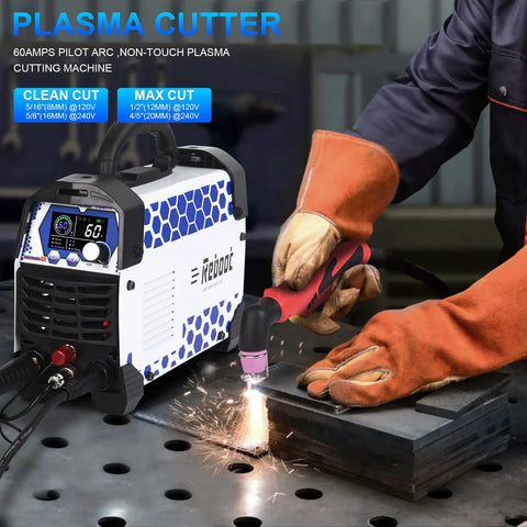 60 Amp Plasma Cutter With Pilot Arc Non Contact Ignition Dual Voltage 120V And 240V in use on metal sheets