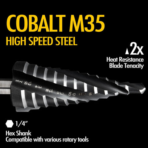 Four Spiral Flute Cobalt Step Drill Bit For Metal And Plastic, Twelve Step Unibit From Three Sixteenth To Seven Eighths Inch With M35 TiAlN Coating And One Quarter Inch Hex Shank, Impact Ready, Beast Mode Drill Bit For Stainless Steel And Aluminum
