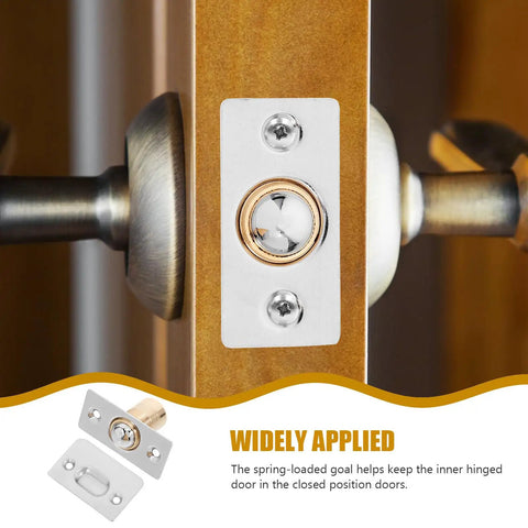 Close-up of 4 sets adjustable door ball catch latch with strike plate for wood doors stainless steel and copper