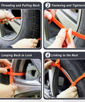 Heavy Duty Zip Tie Snow Tire Chains For Cars With Boss Level Anti Slip Grips Quick Install Link System shown in installation steps.