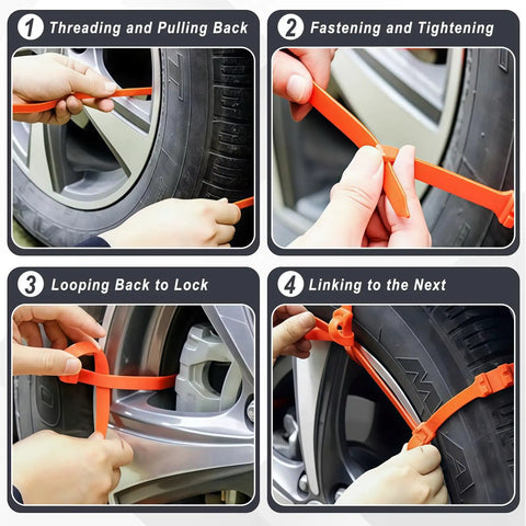 Heavy Duty Zip Tie Snow Tire Chains For Cars With Boss Level Anti Slip Grips Quick Install Link System shown in installation steps.