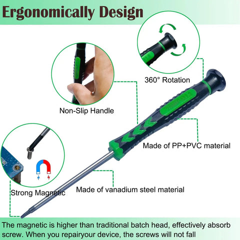 Six Piece Magnetic Screwdriver Set With Non Slip Handles In Flathead And Phillips Bits, ergonomically designed handle in green