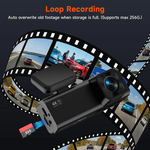 4K Front And Rear Dash Cam For Cars With Night Vision Dual Channel 170 Degree Wide Angle 32GB card shown with loop recording feature.