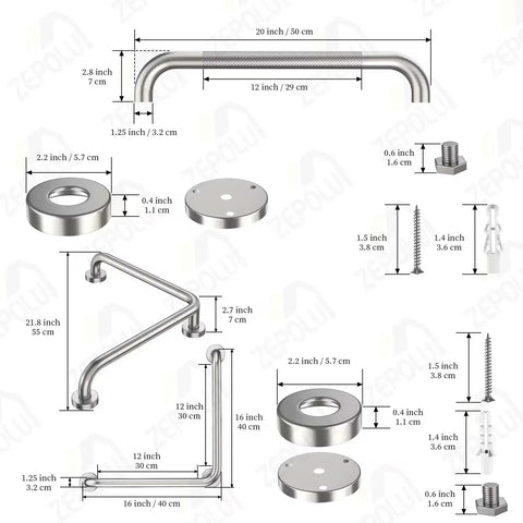 Brushed Nickel L Shaped Grab Bar 16 Inch Rock Solid Wall Mount Safety Handle detailed dimensions and components diagram.