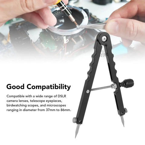 Handy Lens Opener Tool Kit With 3 Interchangeable Tips For 37mm To 86mm Openings in use on a DSLR camera lens.