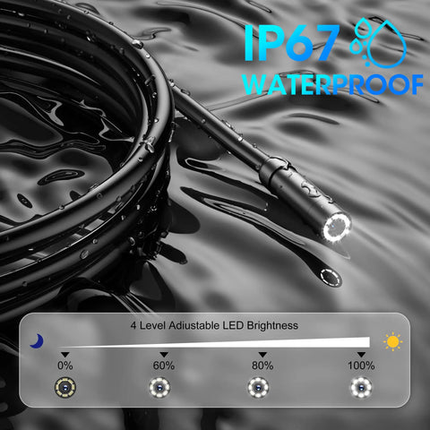 Pro Grade Single Lens Endoscope Camera With Light 1080P Borescope for Tight Spaces displaying IP67 waterproof feature