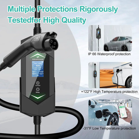 Smooth Operator 40 Amp Level 2 Electric Vehicle Charger featuring 240 Volt Nema 14-50 Plug with J1772 connector and display.