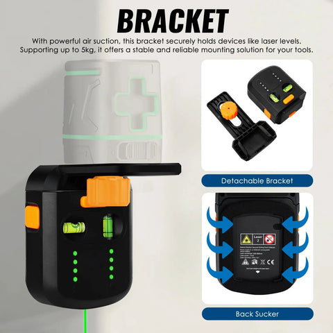 Dead On 4 In 1 Wall Laser Level Kit Featuring Bright Green Line And Integrated Dust Collection Mount For Slick Home Renovation And Precision Woodworking Builds, showing detachable bracket with suction grip.