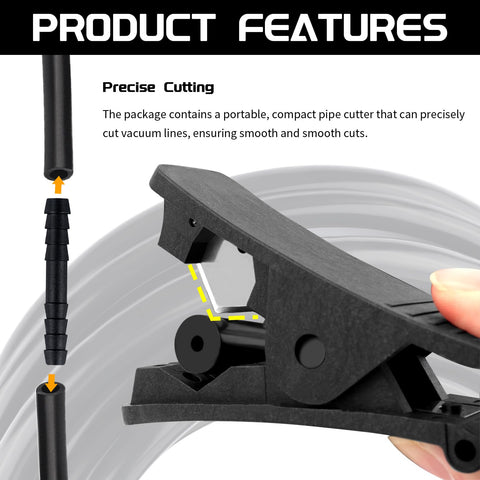 Close-up of pipe cutter and connector from Five Foot Automotive Vacuum Hose Kit With 64 Vacuum Hose Connectors And 6 Vacuum Lines Pipe Cutter Silicone Hoses In One Eighth To Three Eighths Inch Inner Diameters Heavy Duty Heat And Pressure Resistant For Gearhead Car Hobbyists.