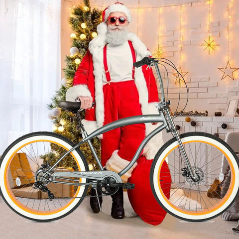 Fat Tire Cruiser Bike With 7 Speed Shimano, Iconic Stretch Chopper Frame, beach style with Santa in holiday setting