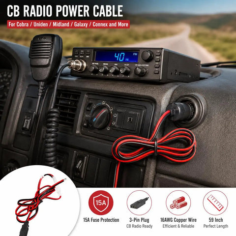 In Vehicle CB Radio Power Cord With 3 Pin Plug 2 Wire 16 AWG Fused Cable 15 Amp Auto Fuse White Color 1.5m in use in car