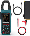 3-In-1 AC/DC Clamp Meter And Oscilloscope For Current And Voltage with accessories, blue color, 5MS/s sampling rate, 1MHz bandwidth.