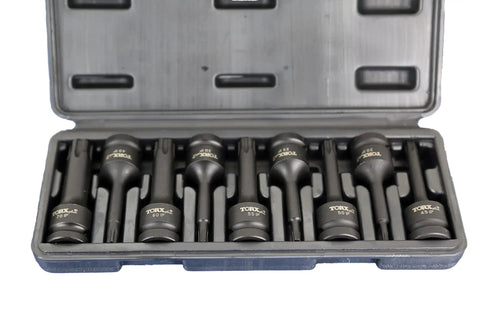 Nine Piece Torx Plus Impact Socket Set With Six Point Bits Three Inch Long One Half Inch Square Drive in black case