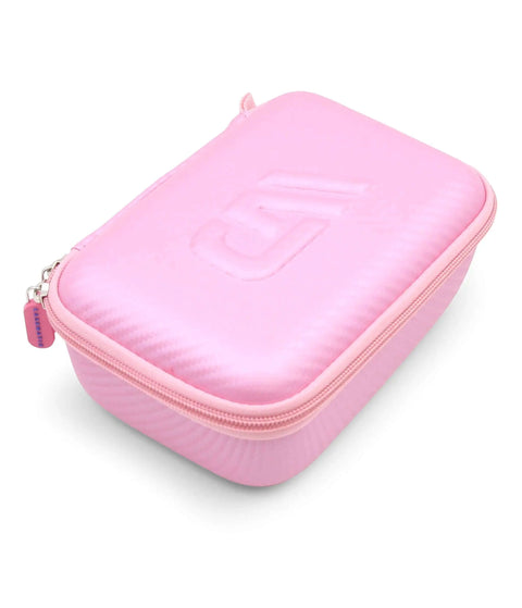 Dope Pink Hard Shell Camera Travel Case Straight Up Built To Shield Your Waterproof Toy Action Cams And Video Recorders While Keeping Loose Mounts Straps And Chargers Packed Tight, top view of compact pink EVA case.
