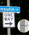 No Drill Beefy Sign Mounting Brackets For Large Poles with street signs and pole clamps visible