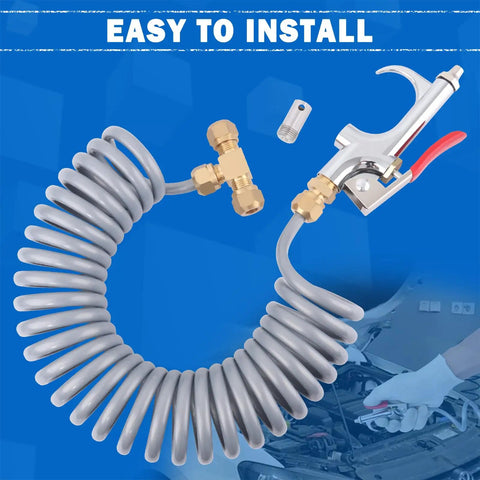 Heavy Duty Truck Air Blow Gun Kit With One Quarter Inch Eleven And A Half Foot Nylon Coil Hose Brass Fittings Lever Duster