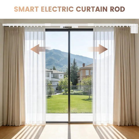 Ultra Quiet 98.4 Inch Motorized Curtain Track With App Control And Remote, Smart Home Curtain System For Living Room And Bedroom, Couch Friendly Auto Open Close With Timed Scheduling, Fixed Length Design on window with beige curtains