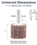50 Pack 1 Inch Flap Wheel Sander Set, 80 Grit Aluminum Oxide Wheels with 1/4 Inch Shank, dimensions labeled for precision
