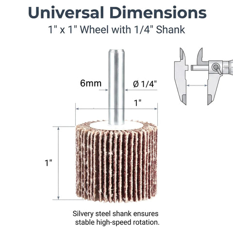 50 Pack 1 Inch Flap Wheel Sander Set, 80 Grit Aluminum Oxide Wheels with 1/4 Inch Shank, dimensions labeled for precision