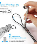 Tool securing 164 Ft Vinyl Coated 304 Stainless Steel Cable String Light Hanging Kit with guide wire and hooks shown.