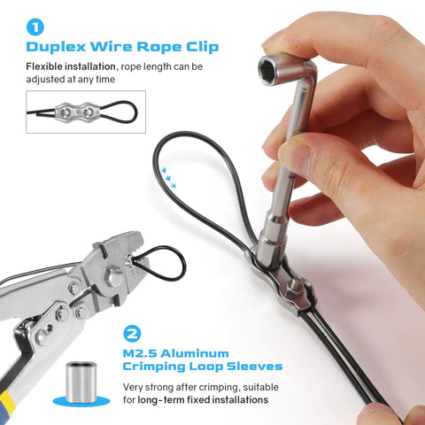 Tool securing 164 Ft Vinyl Coated 304 Stainless Steel Cable String Light Hanging Kit with guide wire and hooks shown.