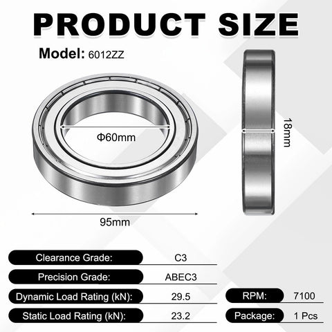 6012ZZ deep groove ball bearing, 60x95x18 mm, double metal shield, pre-lubricated