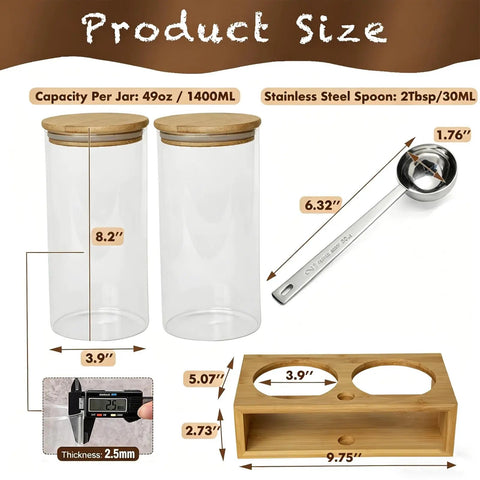Two 49oz Airtight Glass Coffee Canisters With Bamboo Shelf, Stainless Spoon And Anti Slip Pads For Storage Jars For Coffee Bar