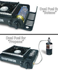 Dual Fuel Camping Stove With Wind Blocker 10000 BTU Portable Propane Or Butane Stove Auto Ignition Includes Adapter Hose And Carrying Case Great For Outdoors And Camp Cooking Fuel Not Included showing butane and propane setup.