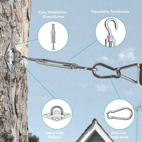 6 Inch Stainless Steel Shade Sail Hardware Kit for Rectangle and Triangle Installations shown in use with tree installation details.