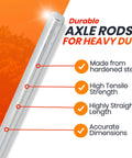 Close-up of zinc-plated steel axle rod with features, Two Pack 5/8 Inch By 36 Inch Zinc Plated Steel Rods For Axle Shafts On Hand Trucks.