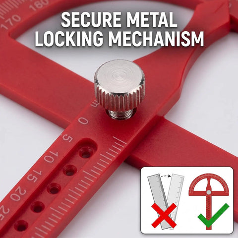Heavy Duty Angle Finder With Dead Nuts Secure Locking Swing Arm Reads Zero To One Eighty Degrees secure metal locking mechanism close-up