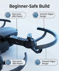 Close-up of 1080P HD FPV Mini Drone With Camera, highlighting non-toxic ABS plastic and smooth edges design for safety.