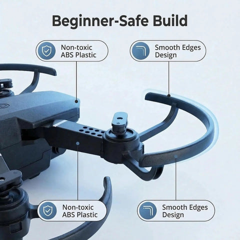 Close-up of 1080P HD FPV Mini Drone With Camera, highlighting non-toxic ABS plastic and smooth edges design for safety.