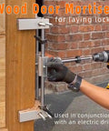 Close-up of a wood door lock mortiser kit with aluminum frame, manual mortising jig and tools, twin screw clamp design in use.