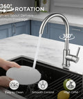 Lead Free Stainless Steel Kitchen Faucet With Brushed Nickel Single Handle High Arc That Swivels 360 Degrees For Heavy Duty Household Tasks Runs Buttery Smooth Thanks To Premium Ceramic Cartridge Built Tough As Nails, shown in use while washing dishes.