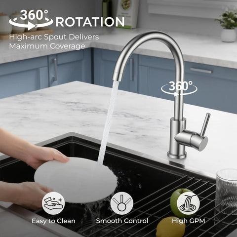 Lead Free Stainless Steel Kitchen Faucet With Brushed Nickel Single Handle High Arc That Swivels 360 Degrees For Heavy Duty Household Tasks Runs Buttery Smooth Thanks To Premium Ceramic Cartridge Built Tough As Nails, shown in use while washing dishes.