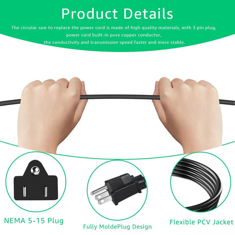 Heavy Duty Replacement Power Cord For Electric Circular Saws Featuring Pure Copper Conductors And Durable Synthetic Jacket with hands holding the cable.