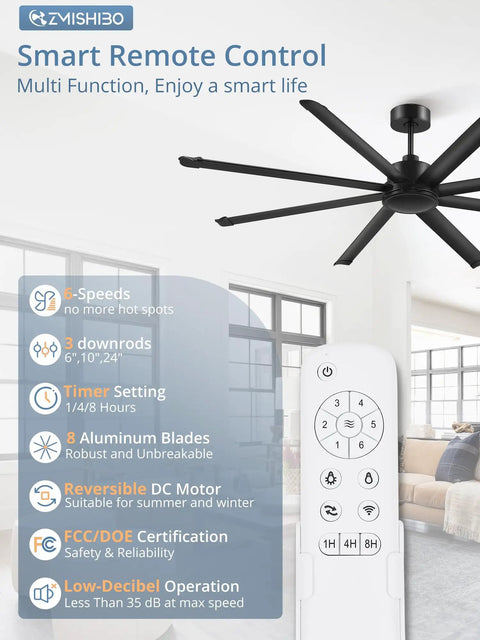 84 Inch Large Ceiling Fan Without Light With 8 Aluminum Blades 6 Speed Remote Quiet DC Motor Industrial Indoor Outdoor Fan