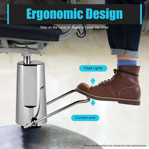 Person using Barber Chair Hydraulic Pump Replacement For Most Styling Chairs, Pro Grade 440lbs Load Capacity, Adjustable Height 4.3in, M8 Thread, 4 Bolt Mount, Fits Standard Salon Chairs, Chair Base Not Included lever step