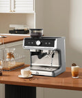 Premium Espresso Machine With Built In Grinder And Silky Milk Frother For Homemade Cafe Favorites Featuring 20 Bar Pressure And 95 Oz Tank Plus 30 Grind Options on a wooden countertop.