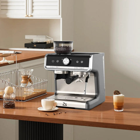 Premium Espresso Machine With Built In Grinder And Silky Milk Frother For Homemade Cafe Favorites Featuring 20 Bar Pressure And 95 Oz Tank Plus 30 Grind Options on a wooden countertop.
