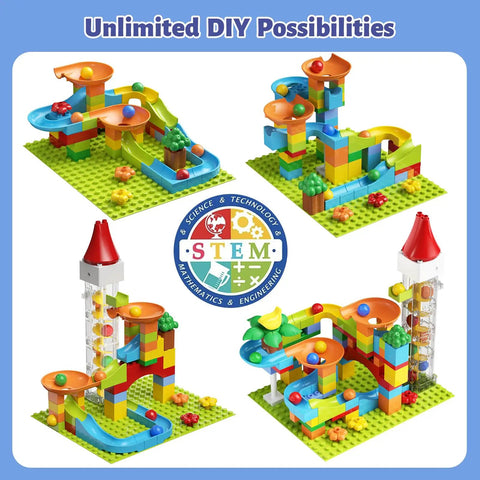 Motorized Marble Run Elevator Kit With Perpetual Motion Machine, colorful DIY STEM playset with four unique marble track designs.