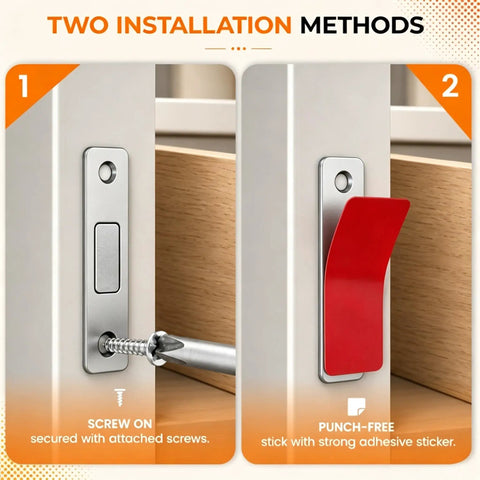 Two installation methods for Ultra Thin Magnetic Cabinet Door Catch 16 Pack Slim Self Adhesive Drawer Latch for Cabinets Drawers and Closets