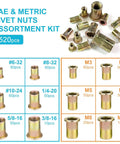 Rivet Nut Tool Kit With 520-Piece SAE And Metric Rivet Nuts Set, Galvanized Carbon Steel Flat Head Inserts, size label view