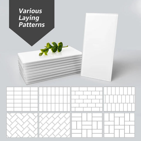Easy DIY Peel and Stick Glass Backsplash Tiles for Kitchen or Bathroom, Subway White 3x6 Inch, stack and layout options displayed.